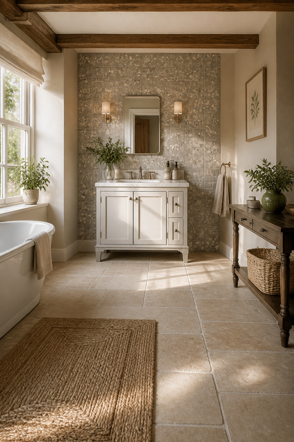 Floral patterned tiles in a charming bathroom.