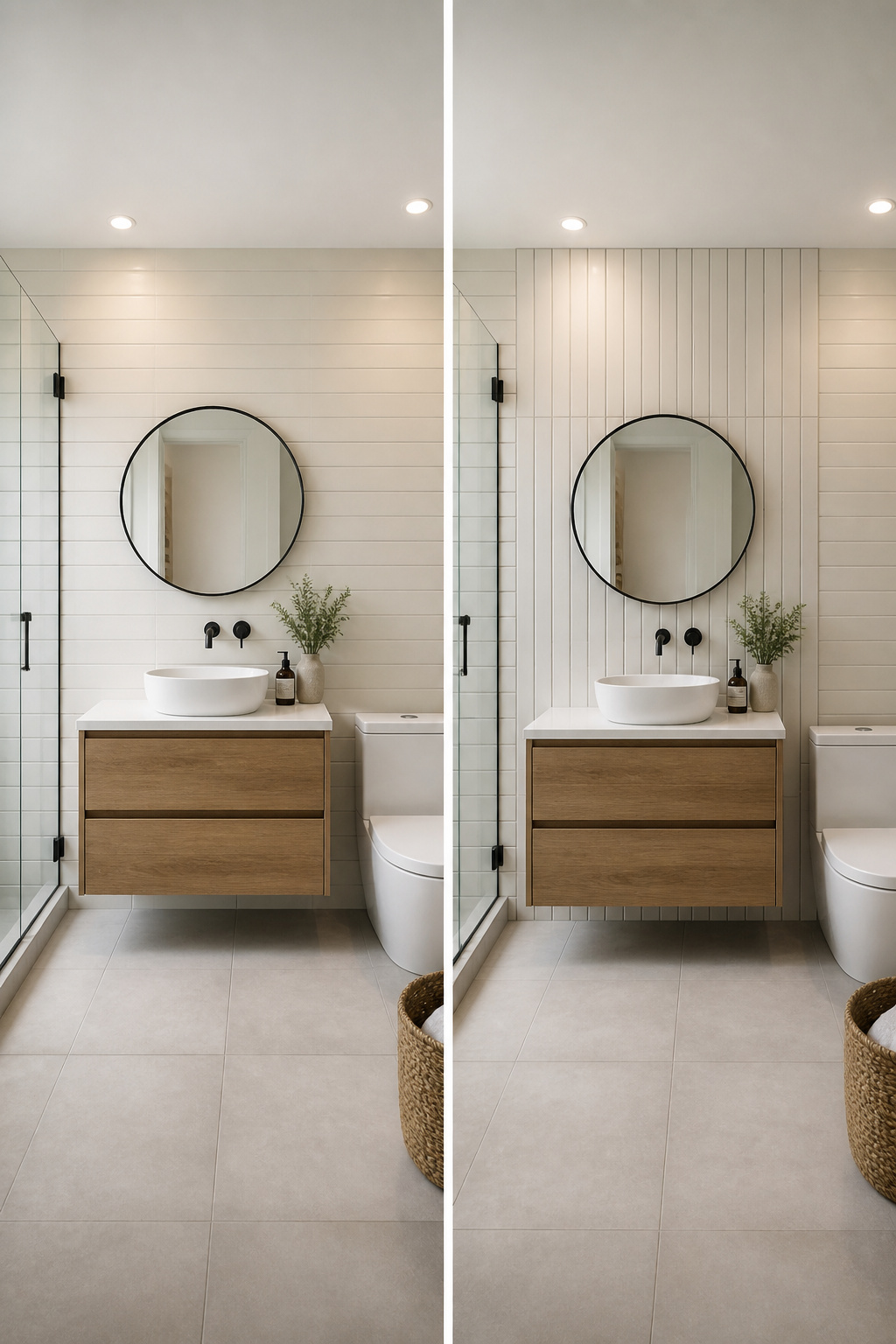 Tiles arranged in different directions on a bathroom wall.