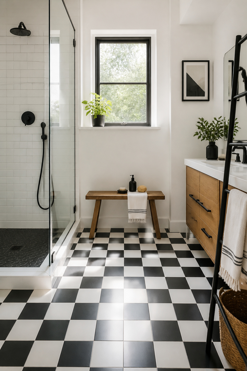 Black and white checkerboard tiles in a stylish bathroom.