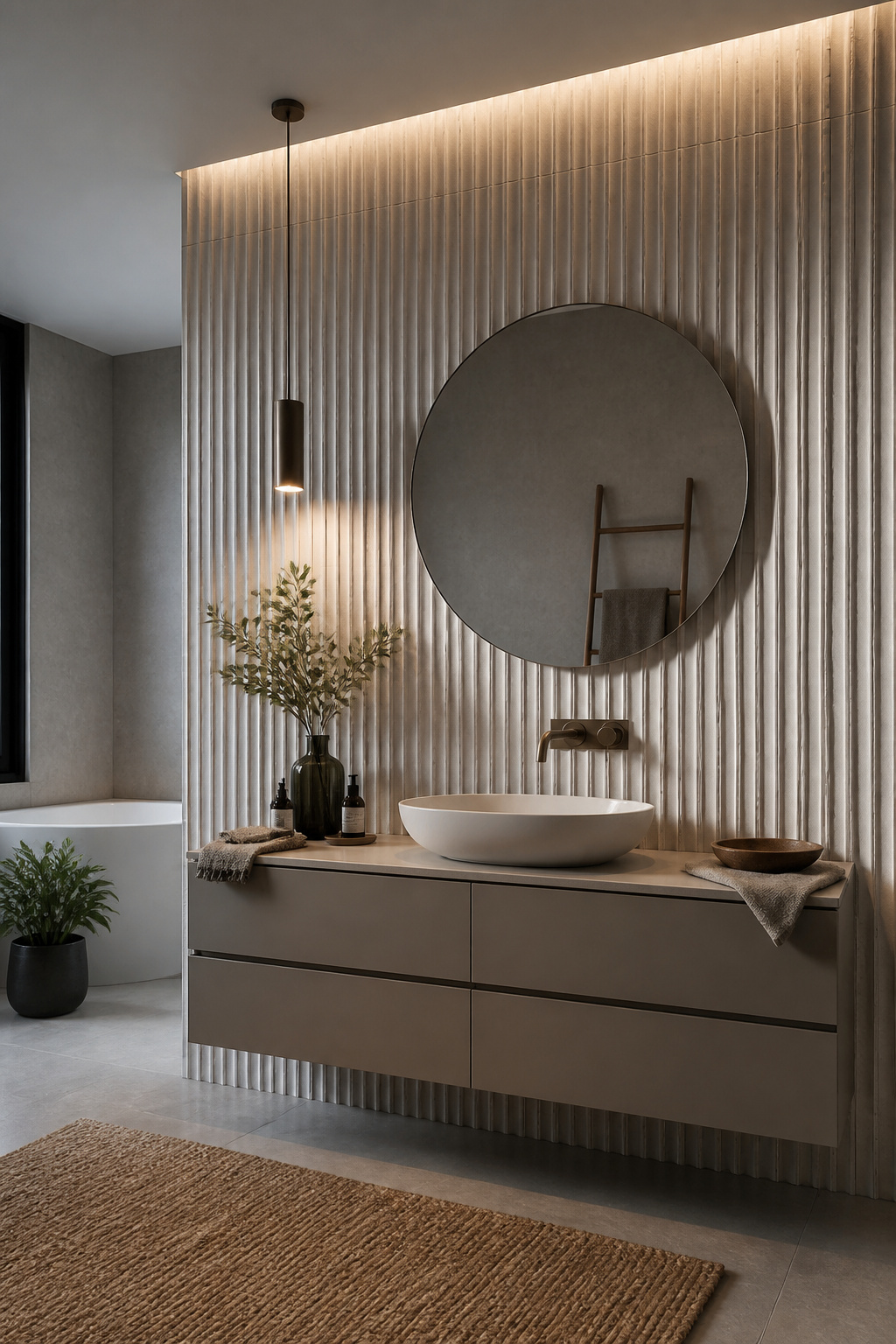 Fluted tiles on a feature wall in a bathroom.