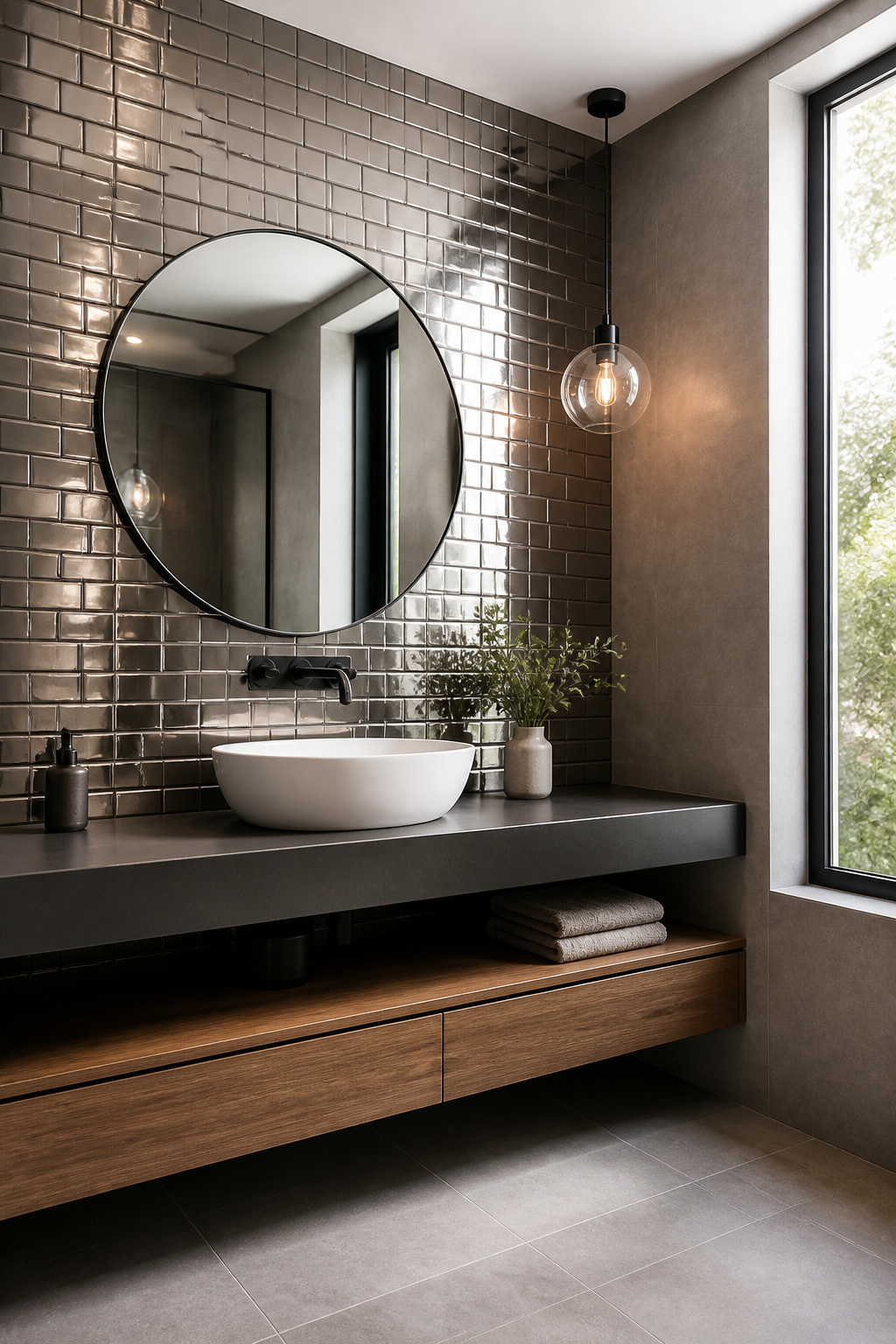 Metallic-look tiles in a modern bathroom.
