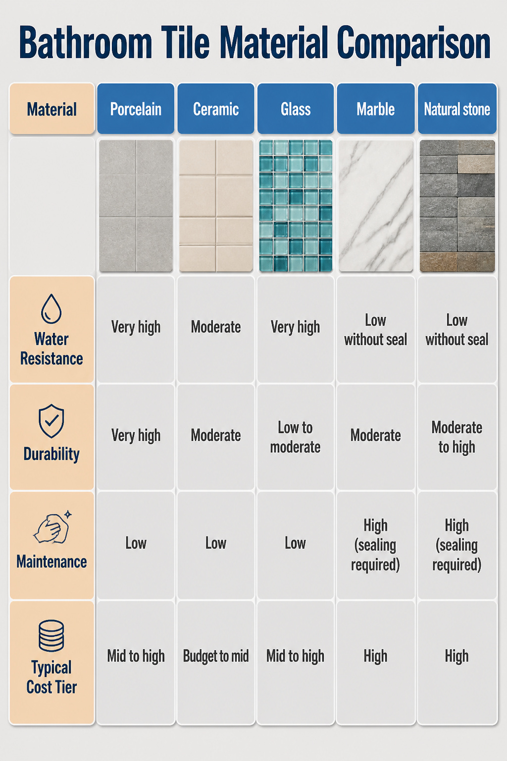 Table comparing different bathroom tile materials.