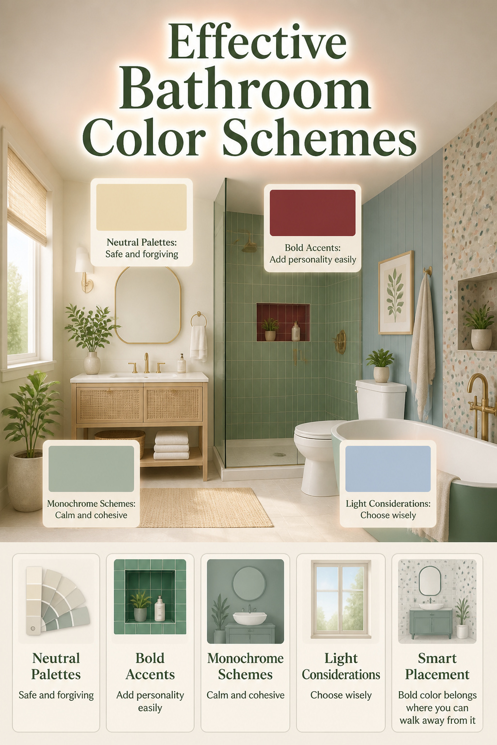Color schemes for bathroom tiles shown in an informative layout.