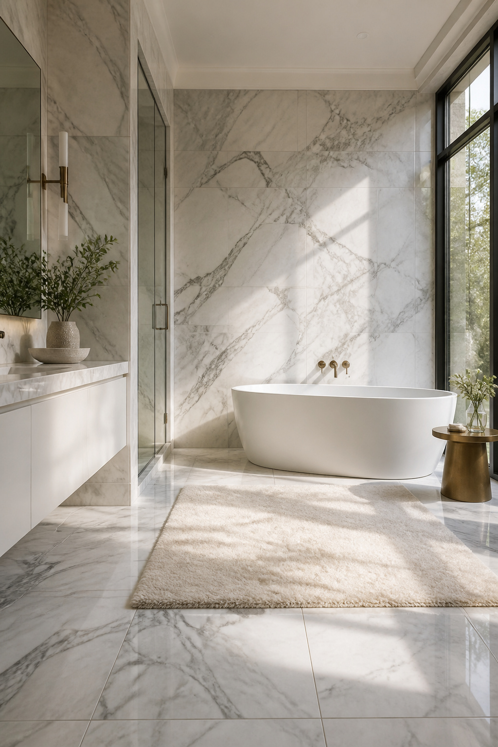Marble tiles covering the walls and floor of a luxurious bathroom.