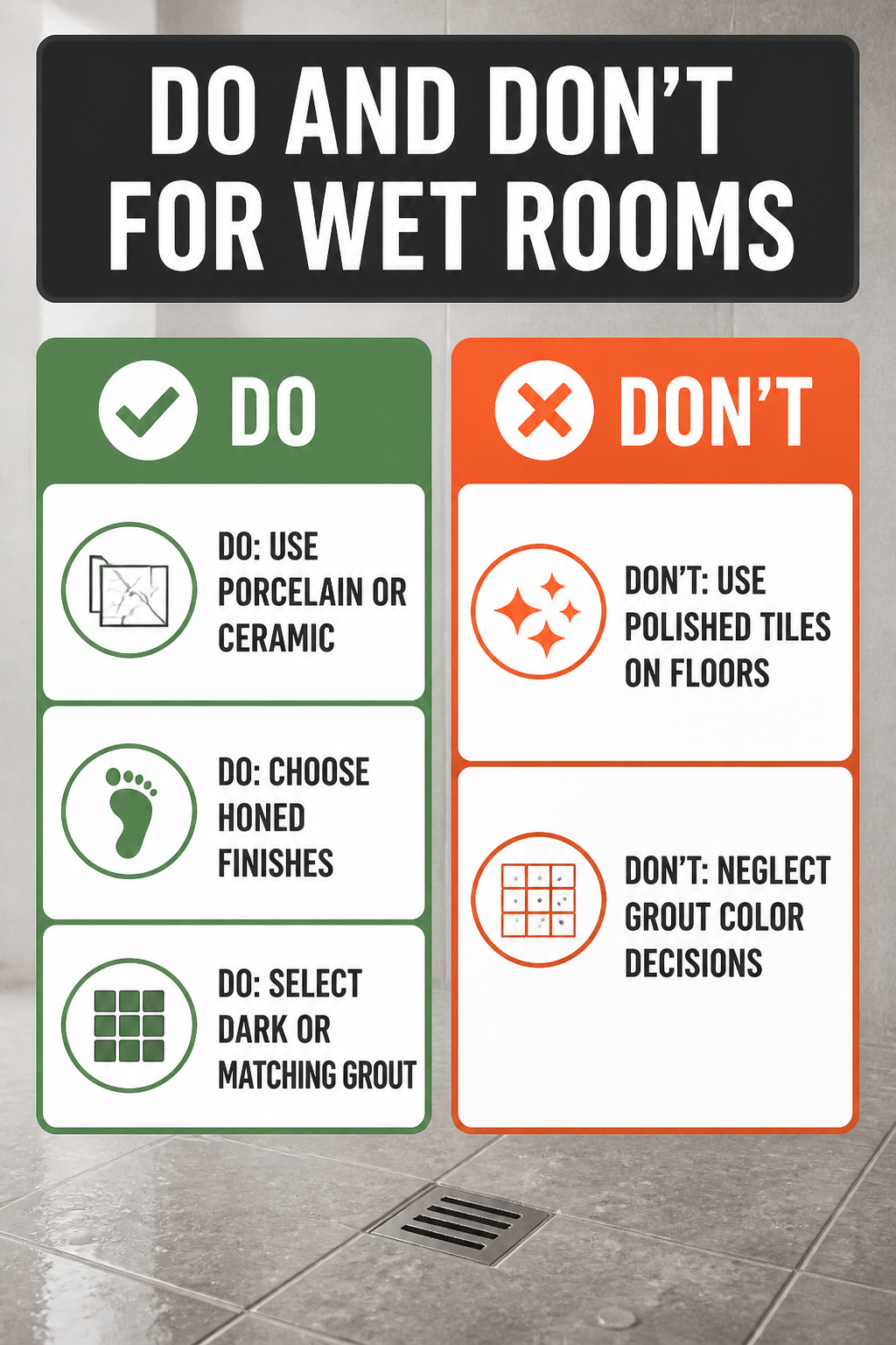 Guidelines for selecting tiles in wet room environments.