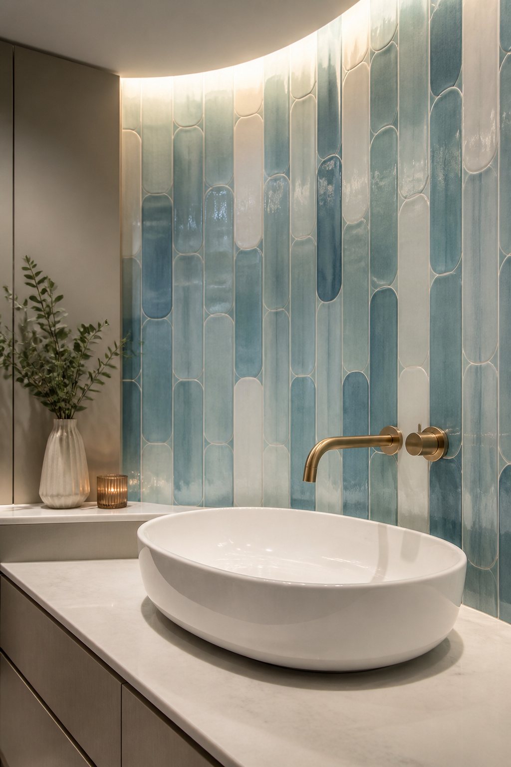 Curved tiles in various shapes applied to a bathroom wall.
