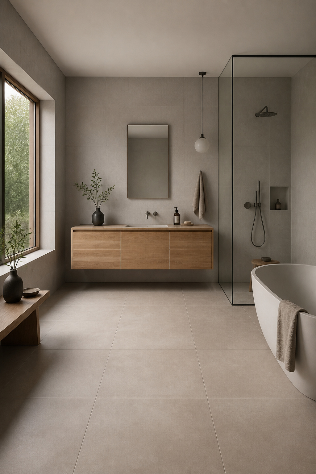 A bathroom designed in Japandi style with neutral tones and natural materials.