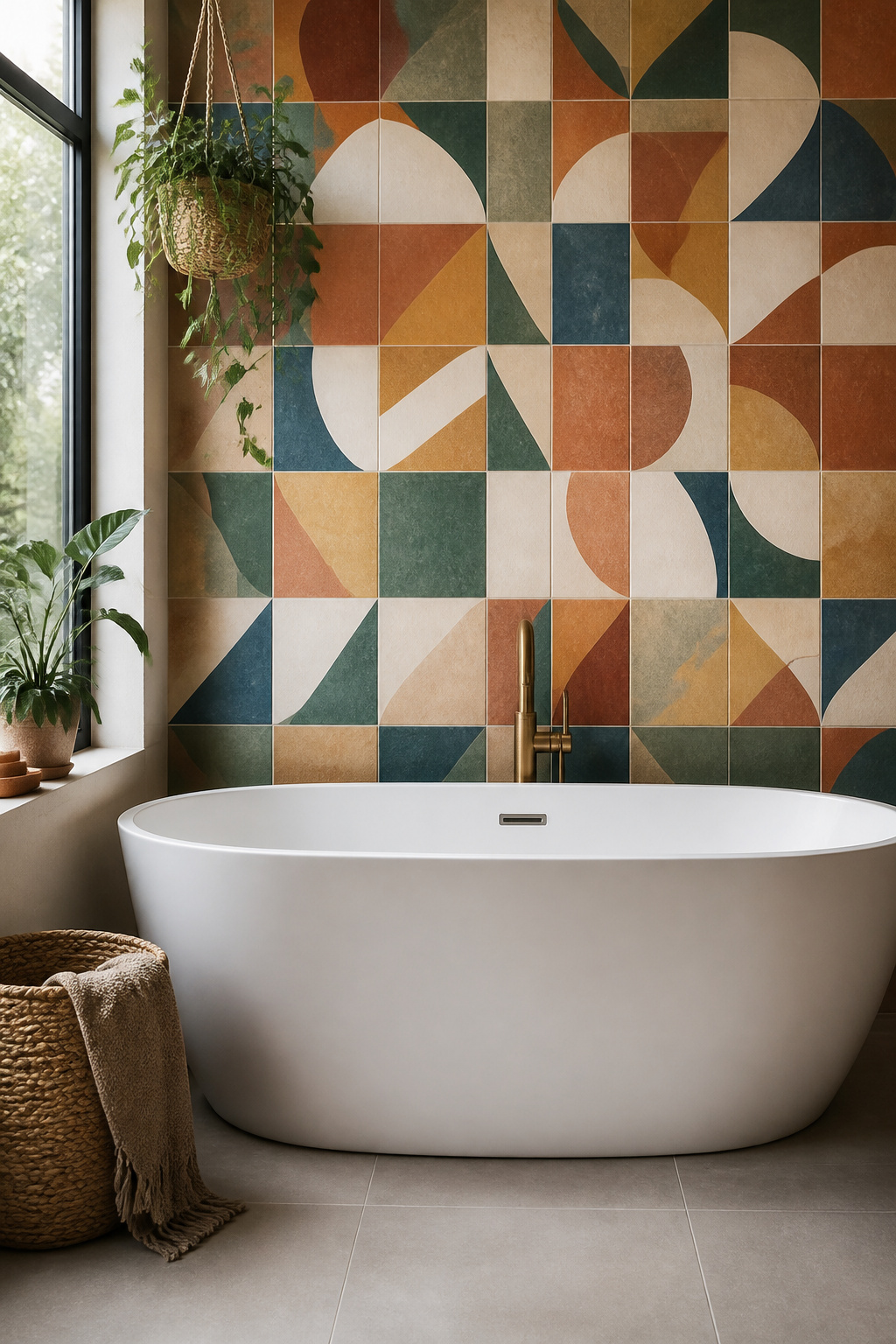 Bold artistic tile patterns in a bathroom setting.