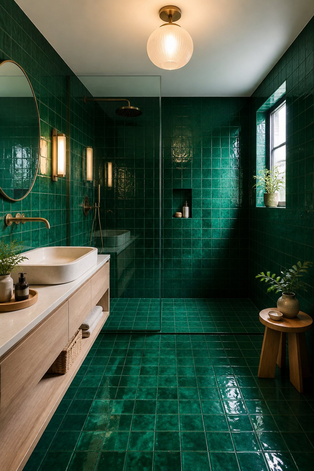 Emerald tiles seamlessly covering walls and floor in a bathroom.