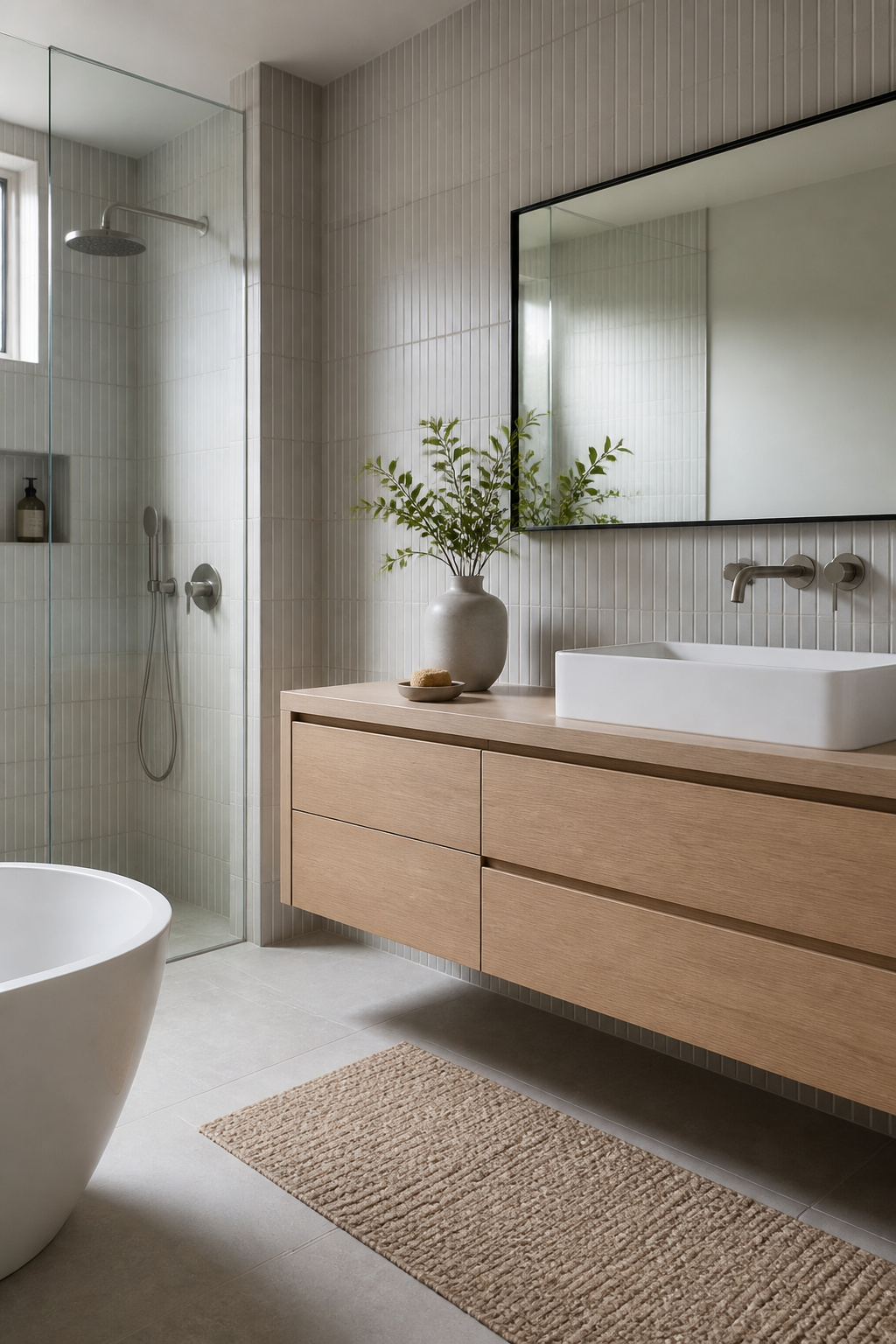 Soft grey tiles with a muted stripe pattern on the bathroom wall.