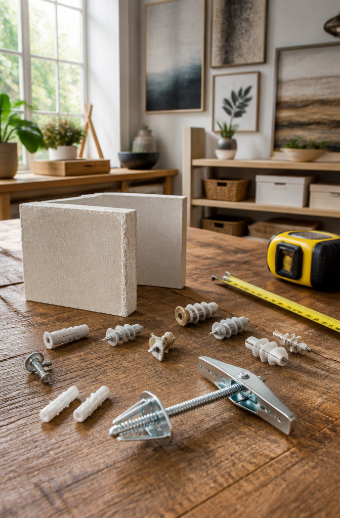 Sample drywall pieces and anchors on a wooden table.