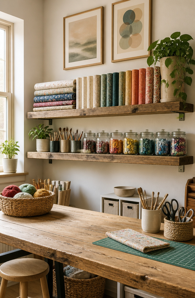 Shelves filled with crafting supplies, anchored to a stud and an anchor.