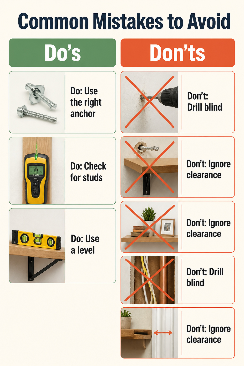 Visual guide to mistakes in shelf installation.
