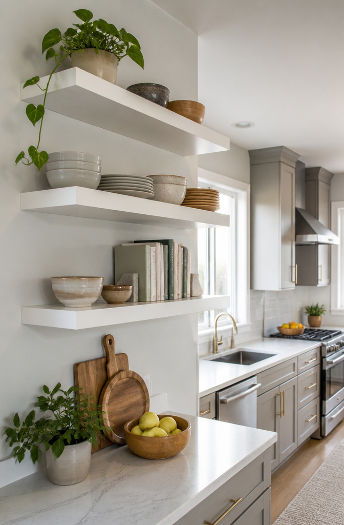 White shelves affixed to wall studs in a contemporary kitchen.