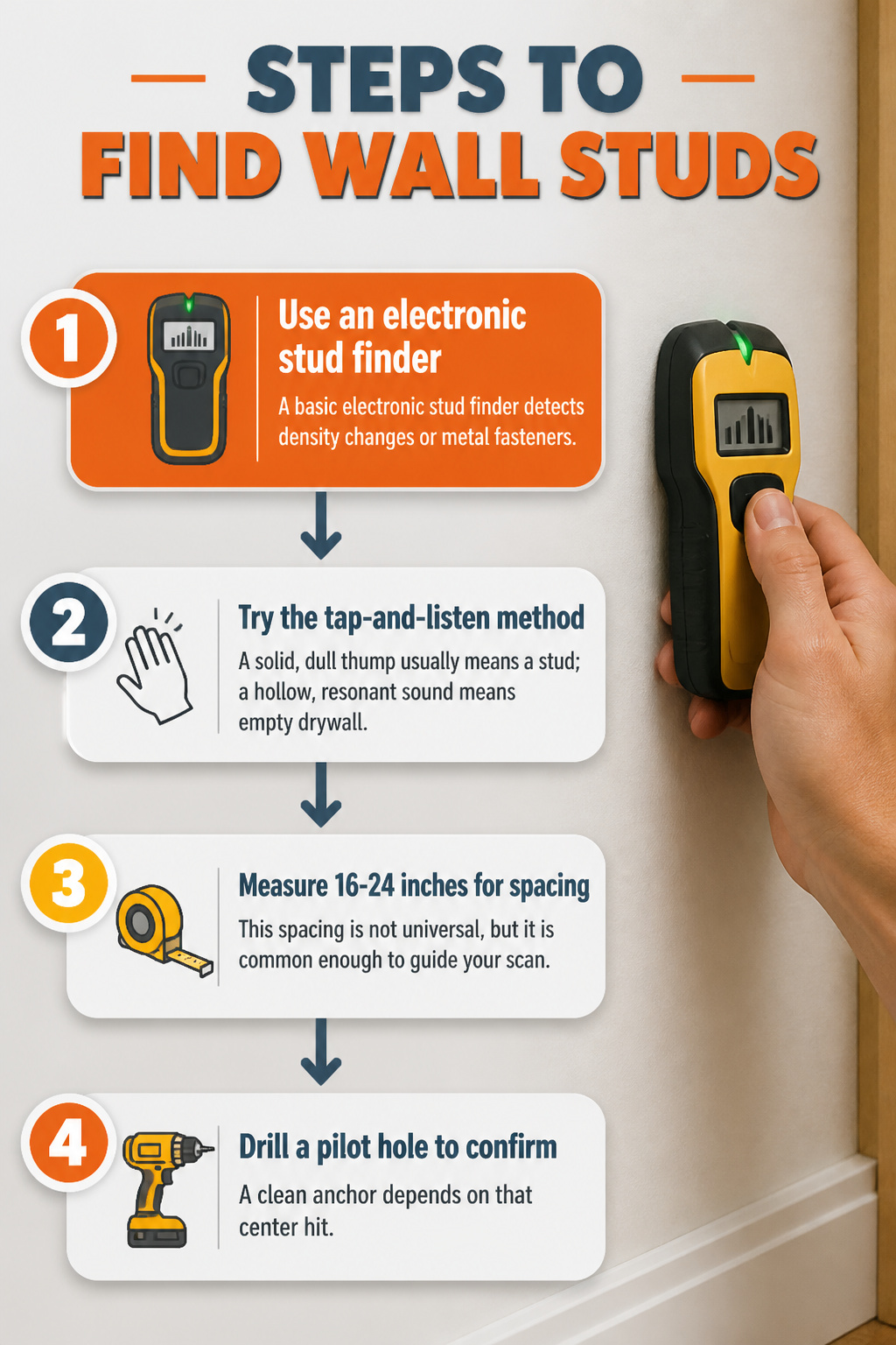 Illustration of methods to locate wall studs.