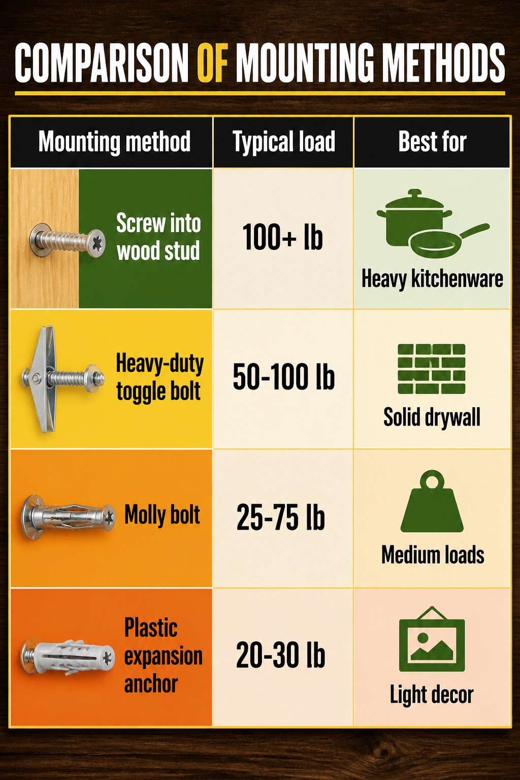 Chart comparing different mounting methods and their load capacities.