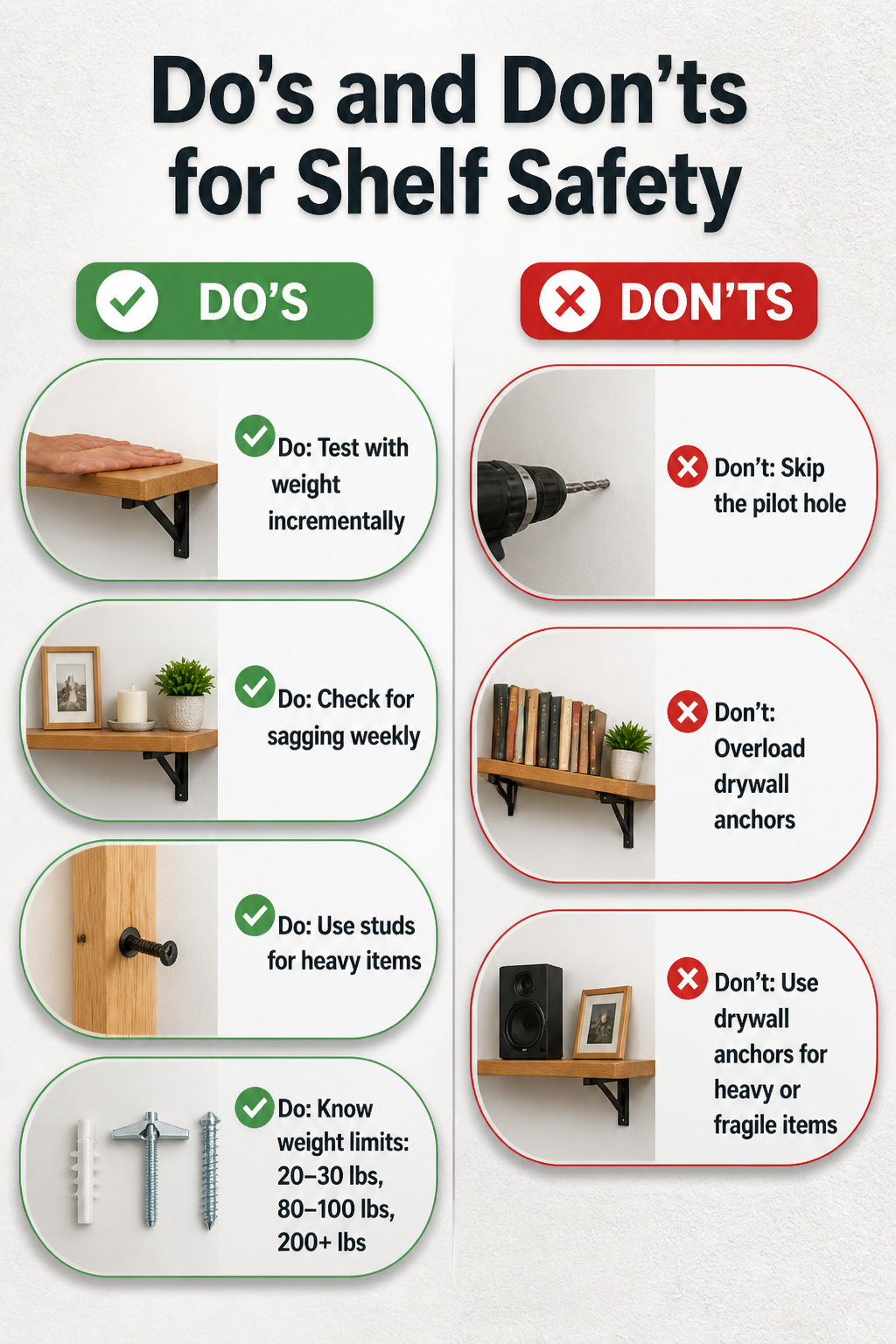Checklist of safety tips for mounted shelves.