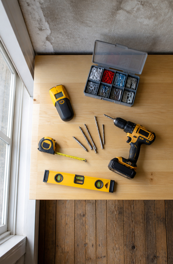 Stud finder and tools like a drill and level on a table.