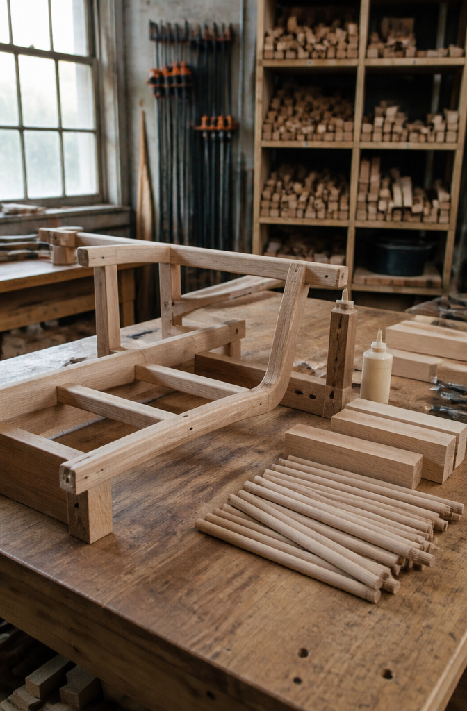 Workstation with wooden frames, tools, and materials for sofa making.