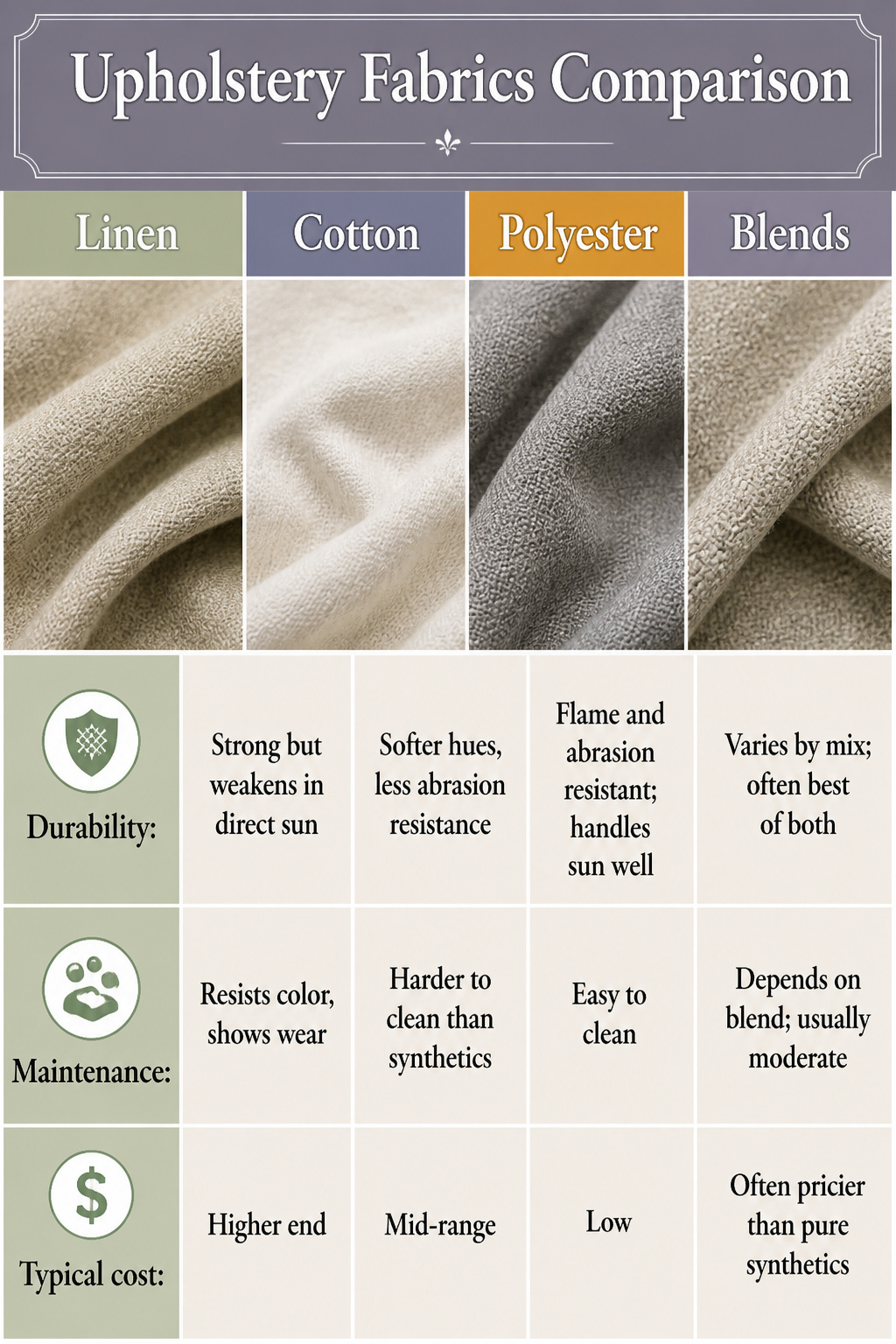 Upholstery fabrics comparison chart showing durability and cost.