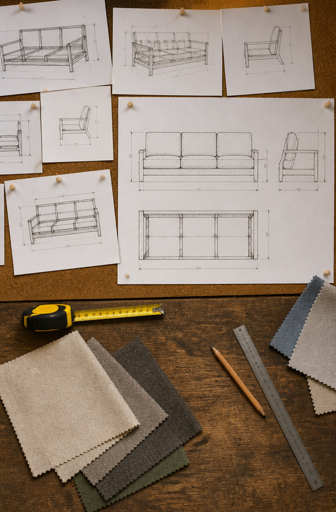 Measuring tape next to a three-person sofa frame for dimensions.