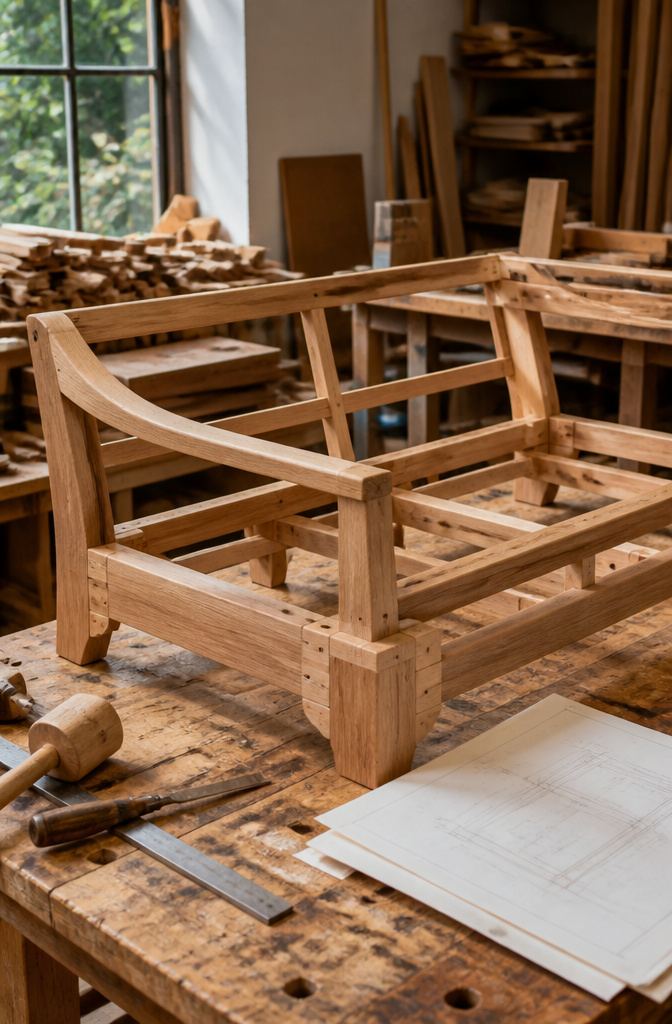 Partially assembled sofa frame made from kiln-dried hardwood.