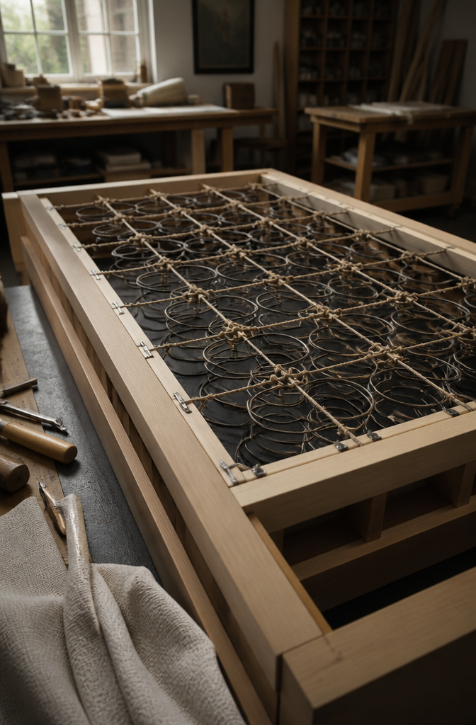 Coil-based support system being installed in a sofa frame.