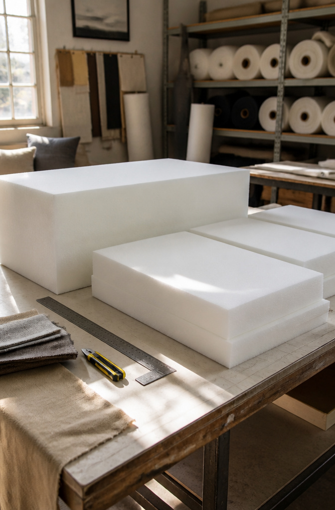 Large block of foam cut into rectangular pieces for cushions.