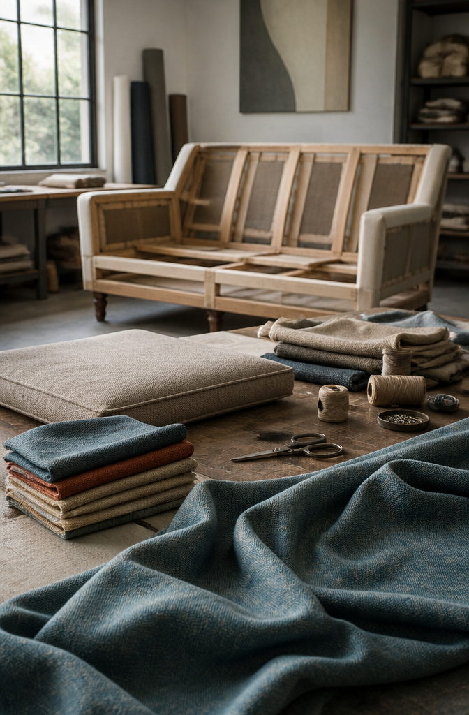 Fabric samples and sewing supplies arranged for upholstery work.