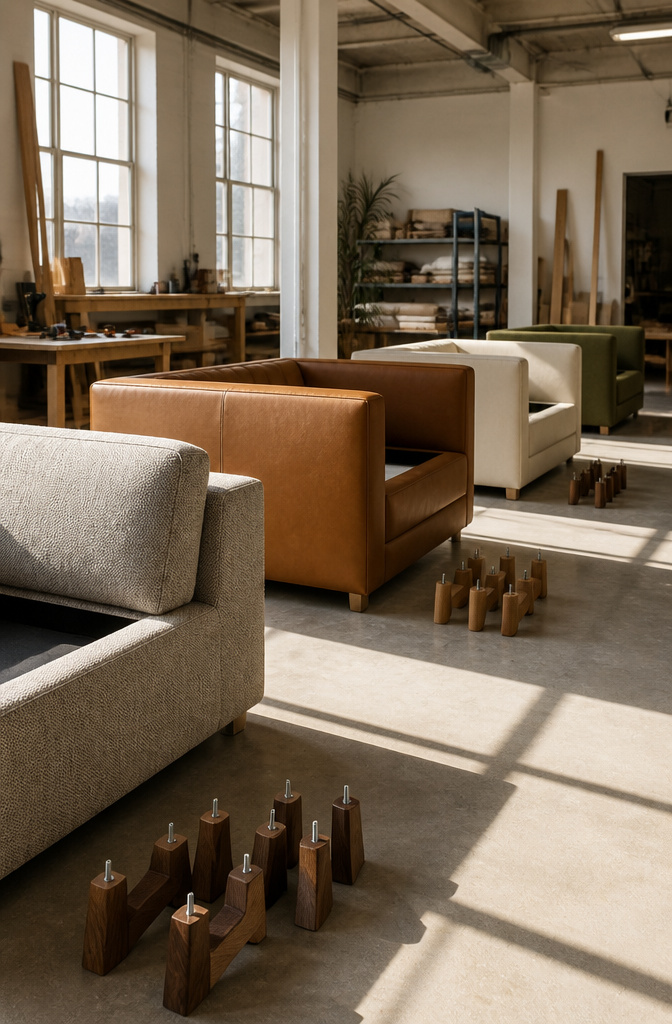 Several finished sofas being readied for leg installation.
