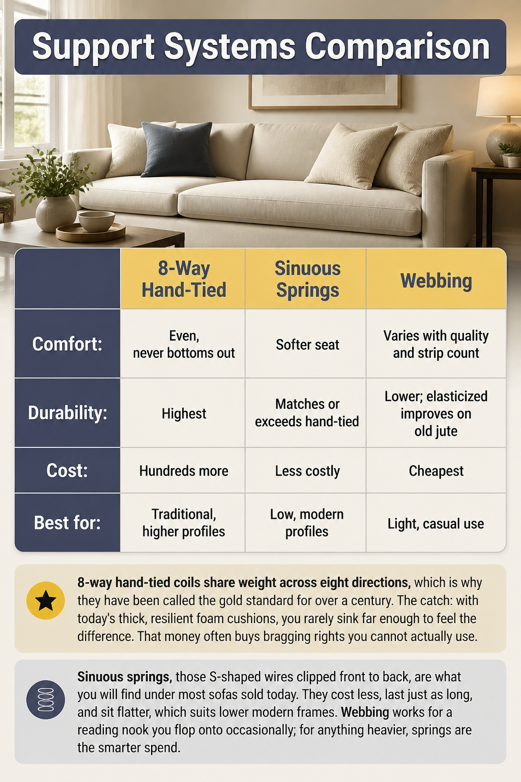 Support systems comparison chart for sofas showing three types.