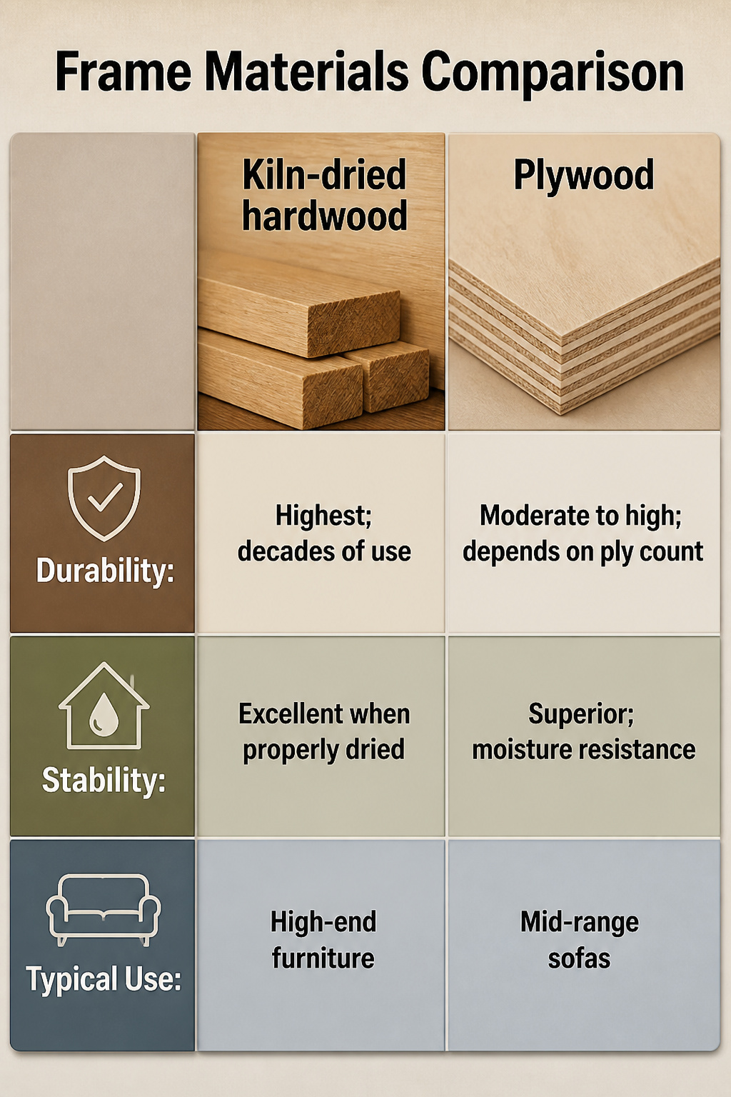 Frame materials comparison chart highlighting durability and stability.
