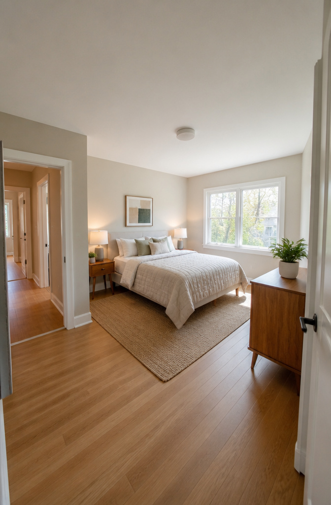 A photograph illustrating a typical average-sized bedroom.