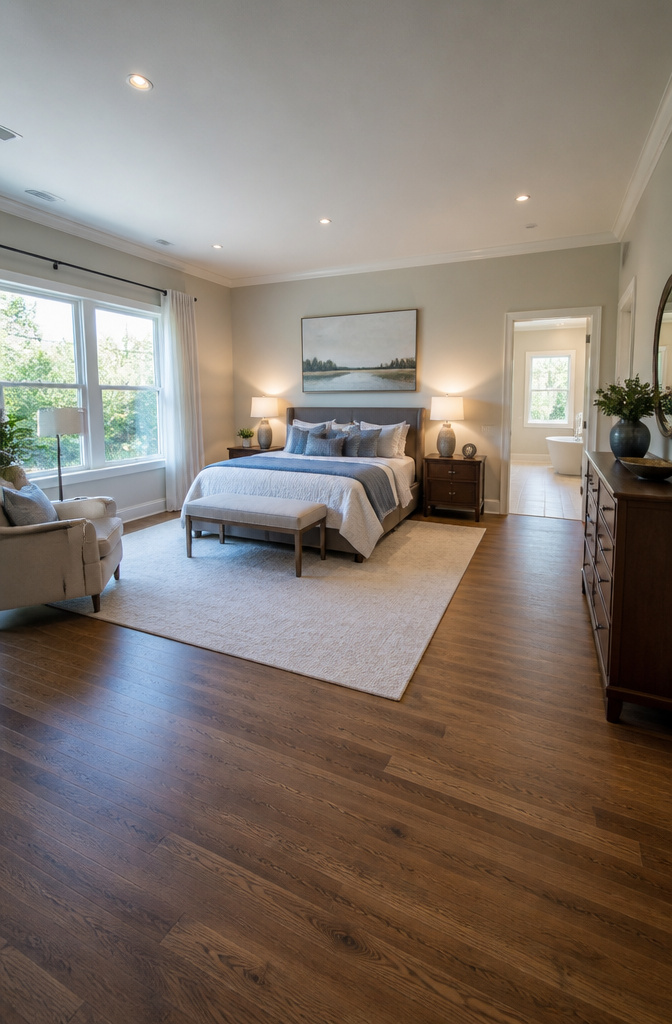 A well-furnished master bedroom with ample space.