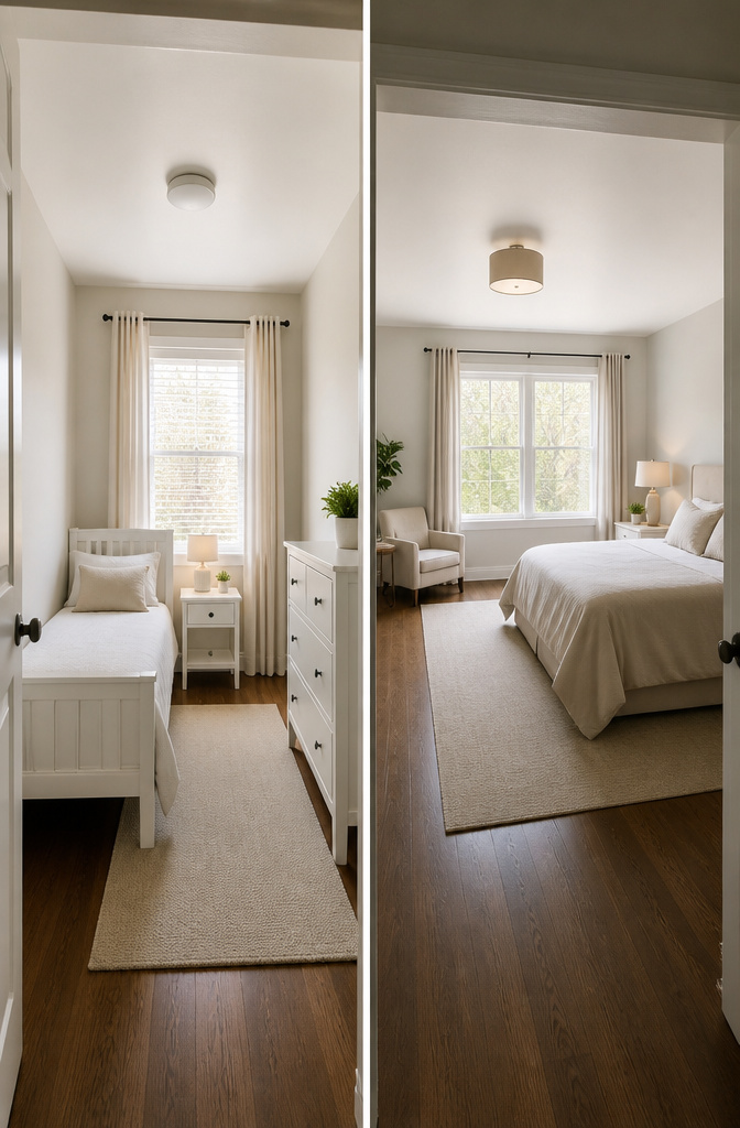 A collage showing different bedroom sizes in various homes.