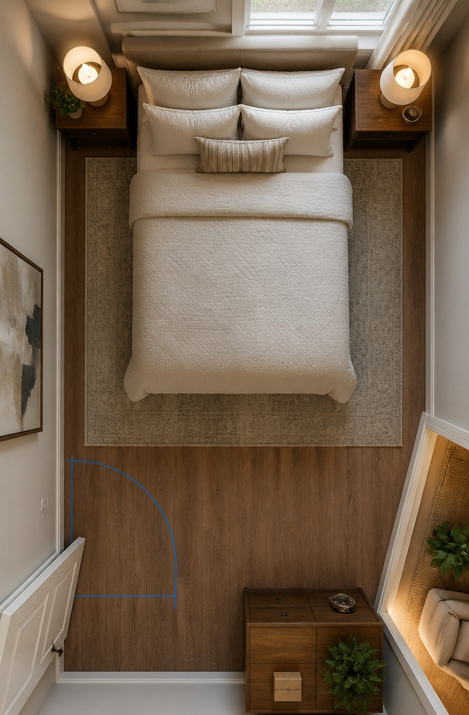A bedroom layout demonstrating space for furniture arrangement.
