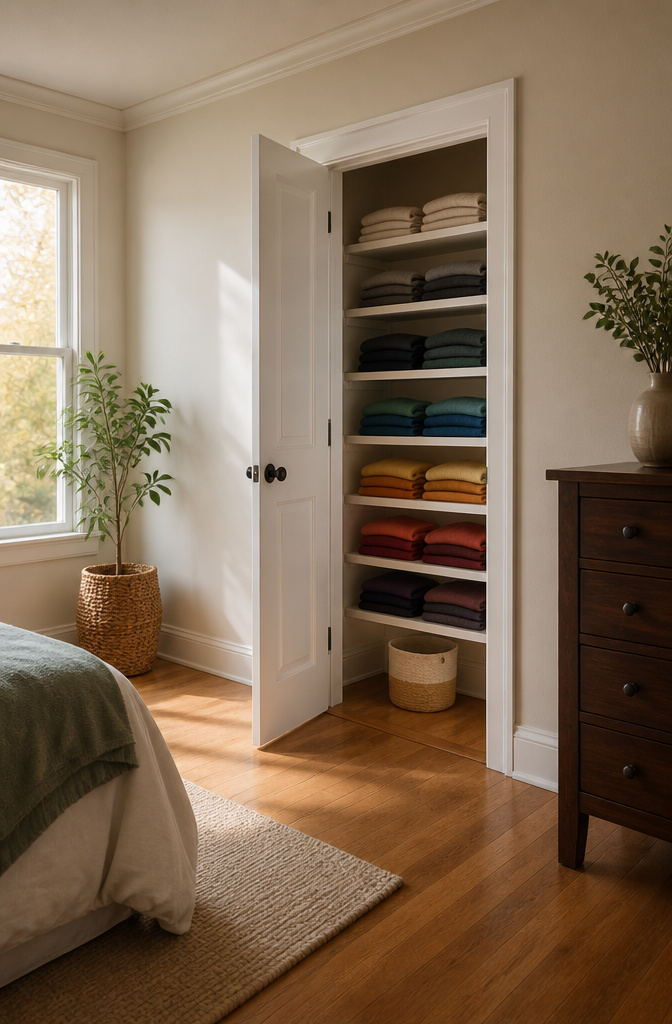 A reach-in closet featuring shelves that are 10 to 14 inches deep.
