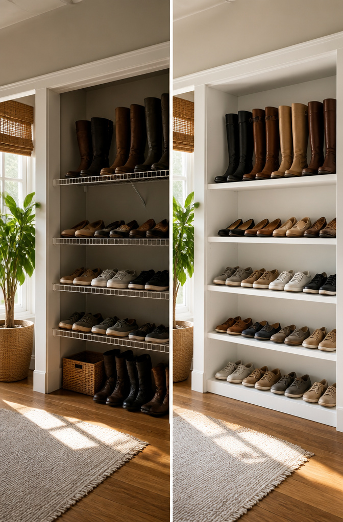 Shoe shelves that are 10 to 12 inches deep for organized footwear.