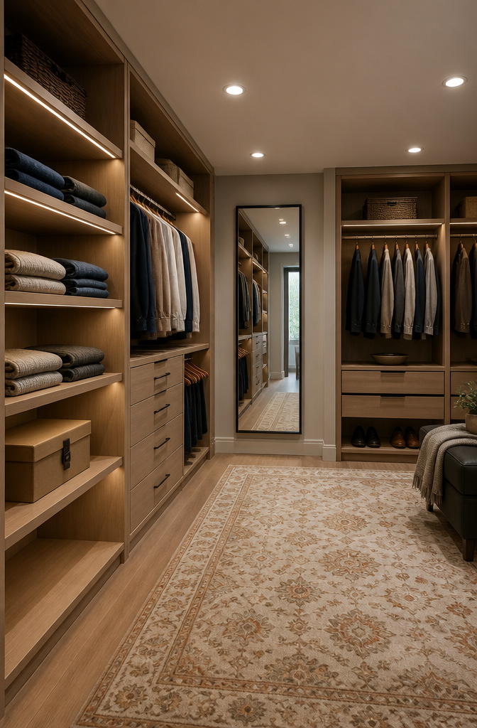 A walk-in closet showing shelves that are 14 to 20 inches deep.