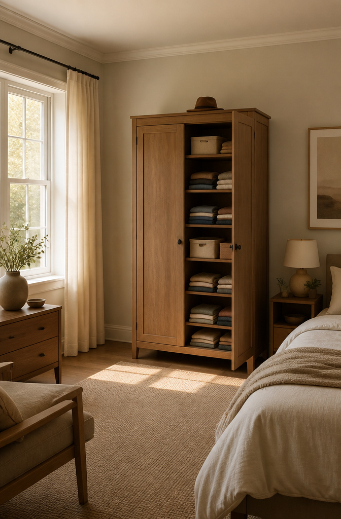 A wardrobe closet with shelves that are 10 to 14 inches deep.