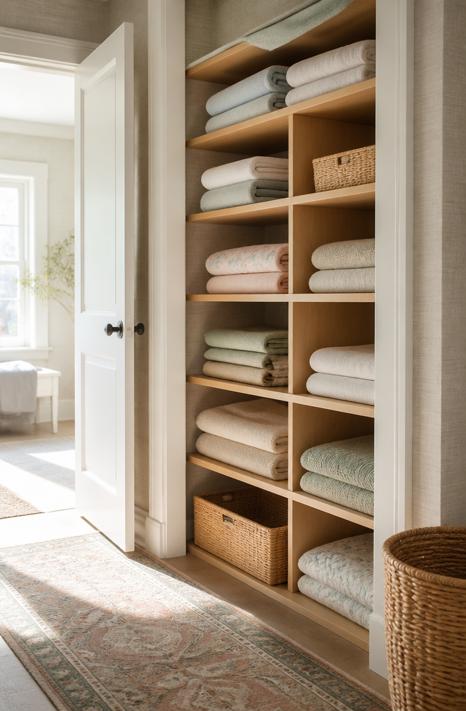 A linen closet organized with 12 to 16-inch deep shelves.