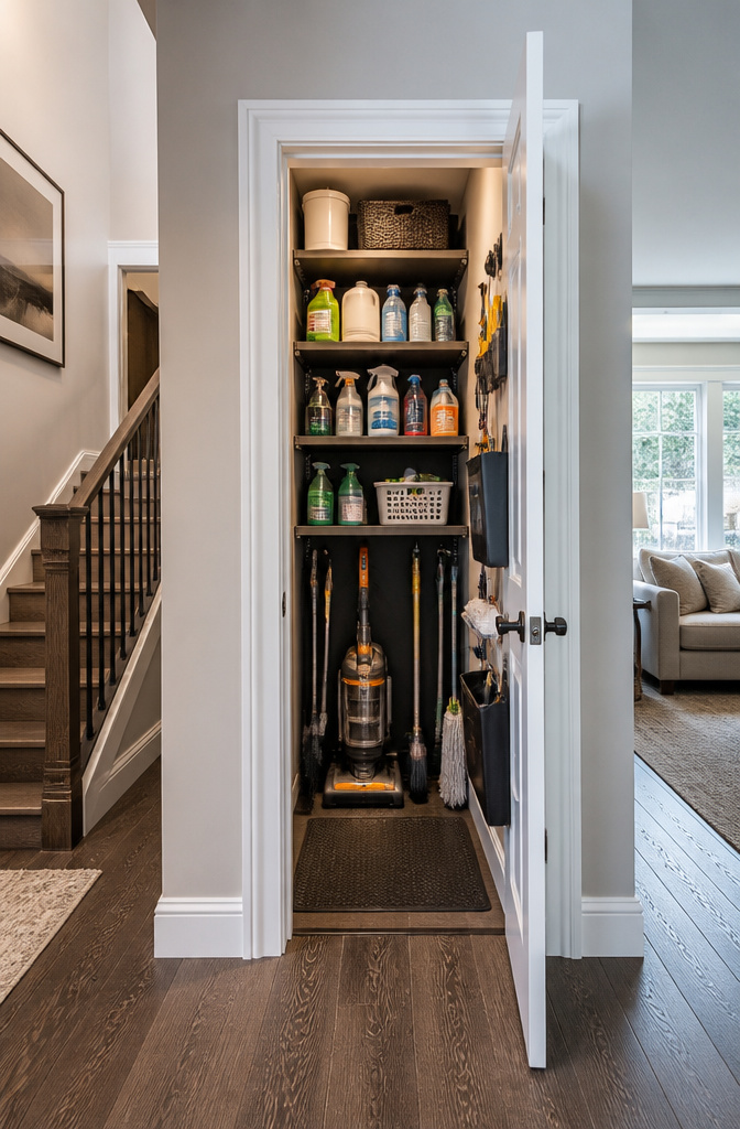 A utility closet displaying shelves that are 10 to 16 inches deep.