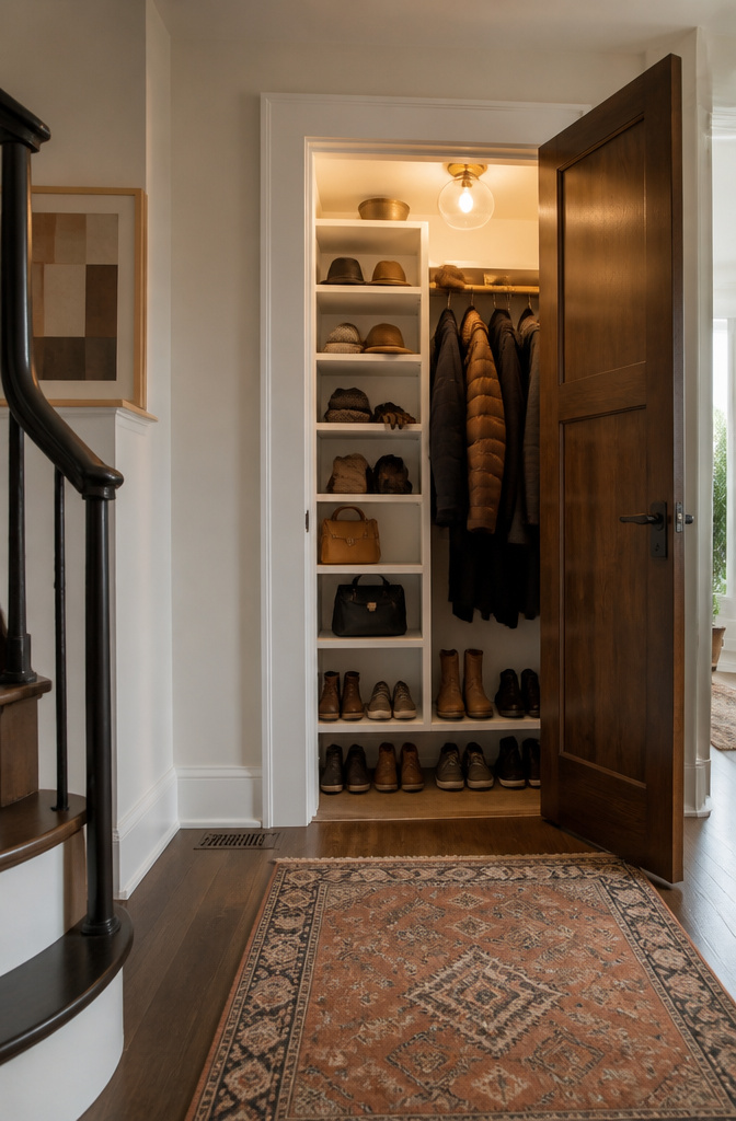 An entryway closet with shelves measuring 12 to 14 inches deep.