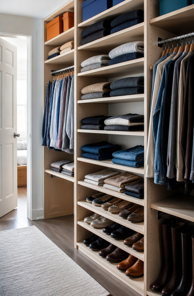 An adjustable shelving unit with varied heights for clothing storage.