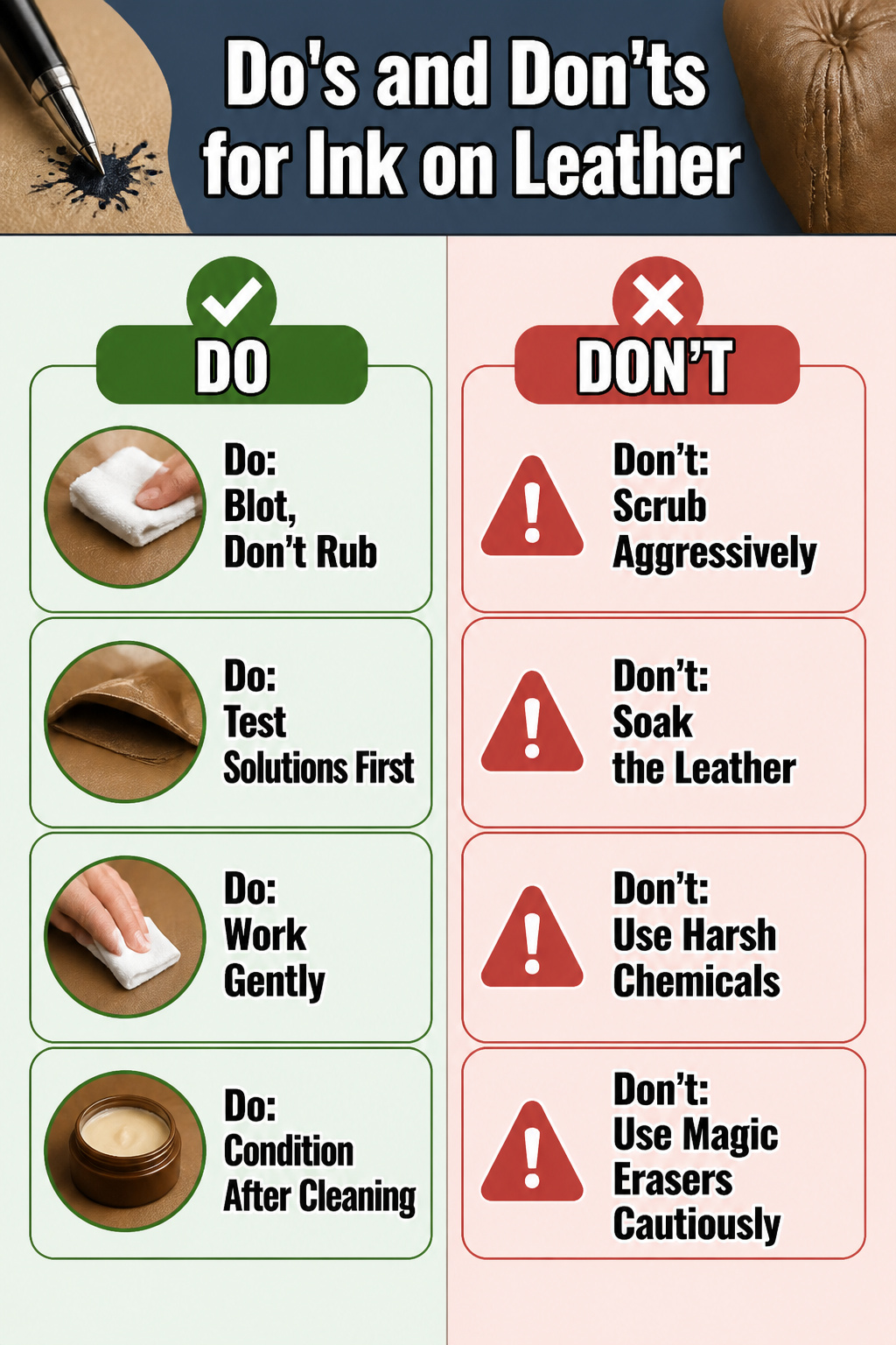 List of do's and don'ts for ink stains on leather.