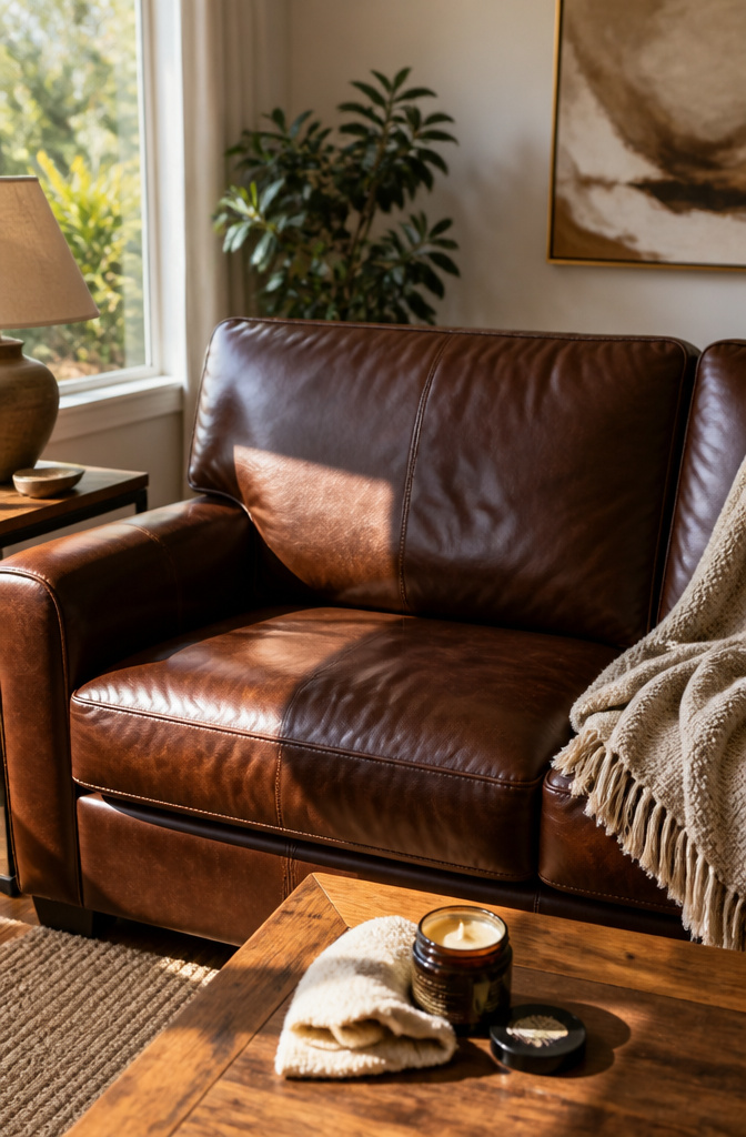 Conditioned leather sofa glowing in sunlight with a cloth.