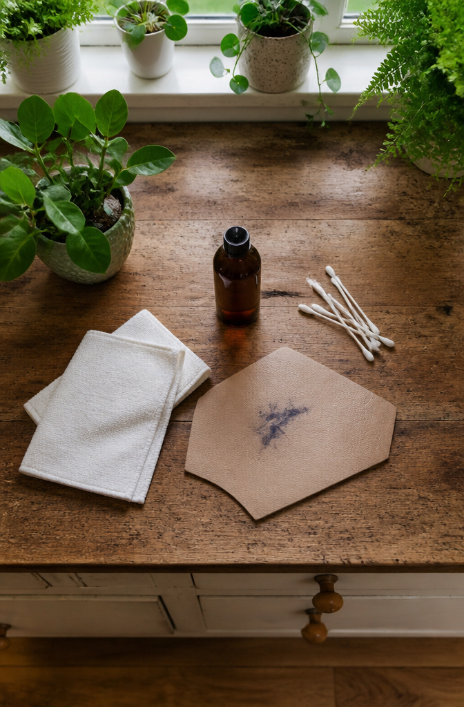 Various commercial leather ink removers displayed on a table.