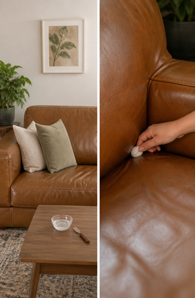 Cotton ball dampened with cleaner on leather sofa corner.