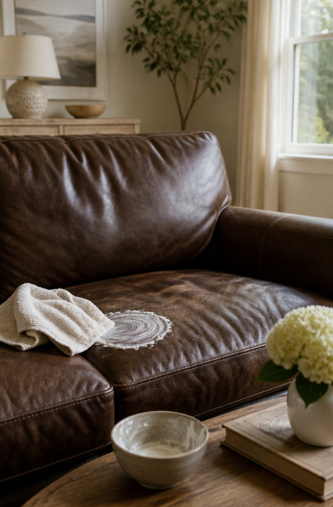 Baking soda paste on a leather couch with a bowl nearby.