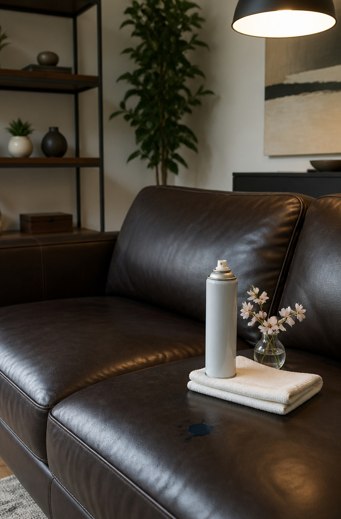 Hairspray bottle near a leather sofa with cleaning tools.